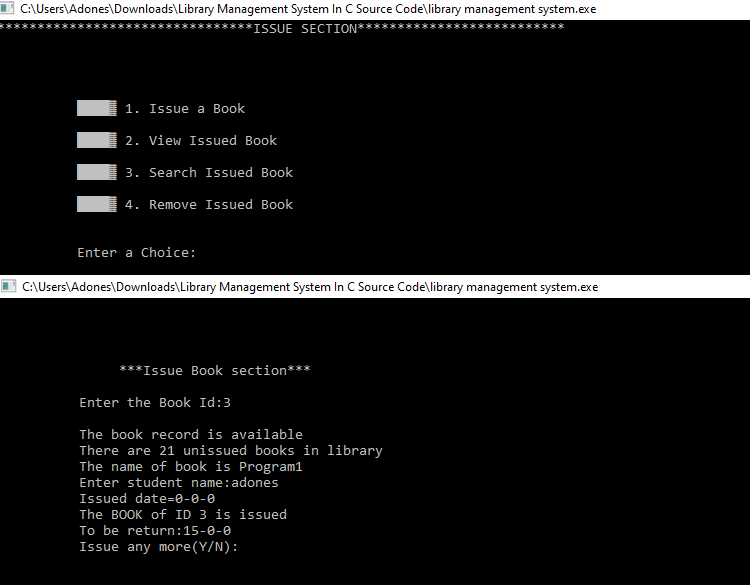 Issued Books for Library Management System in C
