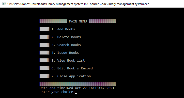 Menu for Library Management System in C