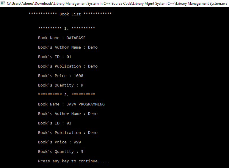 library booklist for library management system in c++ with source code