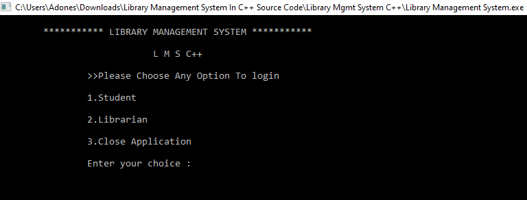 main screen for library management system in c++ with source code