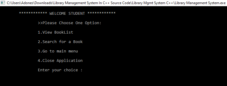 student page for library management system in c++ with source code