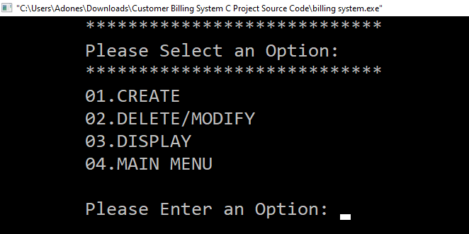 Admin Main Menu for Customer Billing System C Project With Source Code