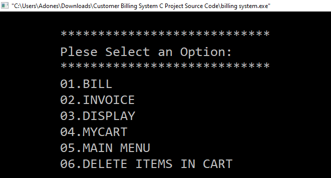 Customer Menu for Customer Billing System C Project With Source Code
