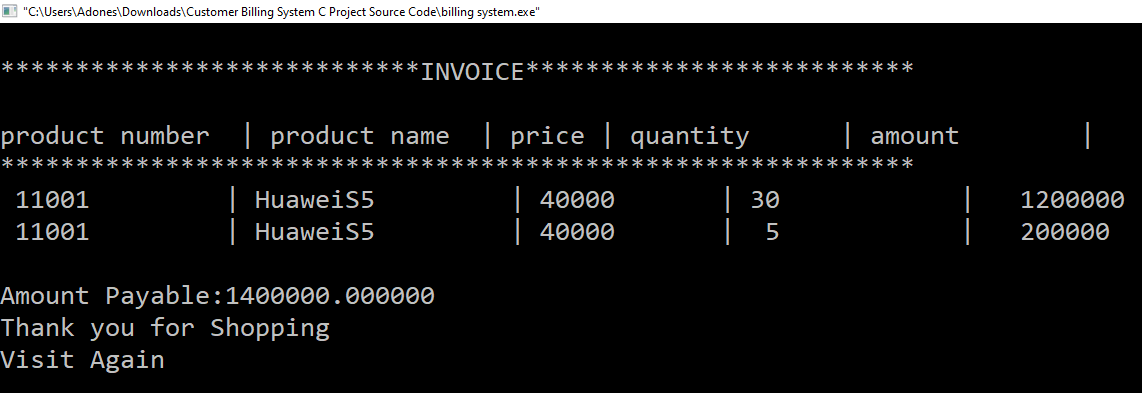 Invoice for Customer Billing System C Project With Source Code