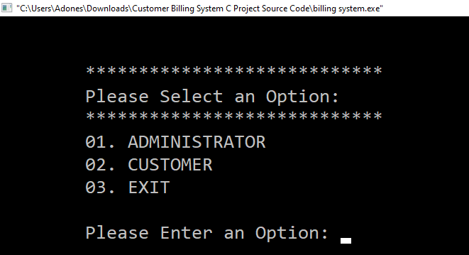 Main Menu for Customer Billing System C Project With Source Code