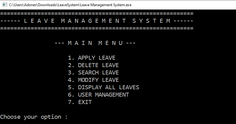 Main Menu for Leave Management System Project in C++ with Source Code