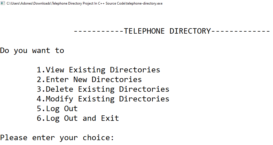Main Menu of Telephone Directory in C++ Project With Source Code