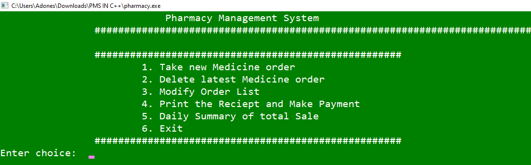 Main Screen Window for Pharmacy Management System Project in C++ with Source Code