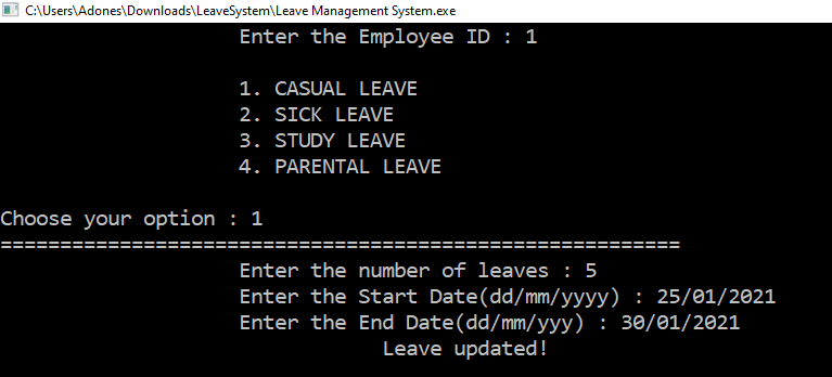 Modify Leave for Leave Management System Project in C++ with Source Code