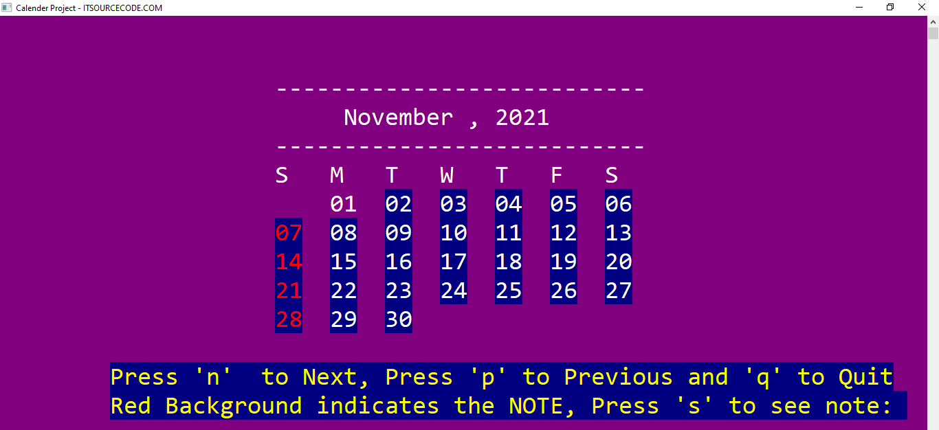 Print all the day of month for Calendar In C Programming With Source Code