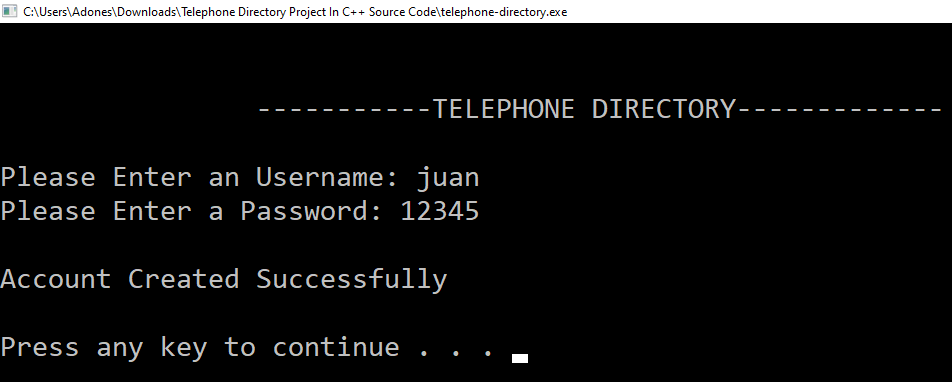 Sign Up Form Telephone Directory in C++ Project With Source Code