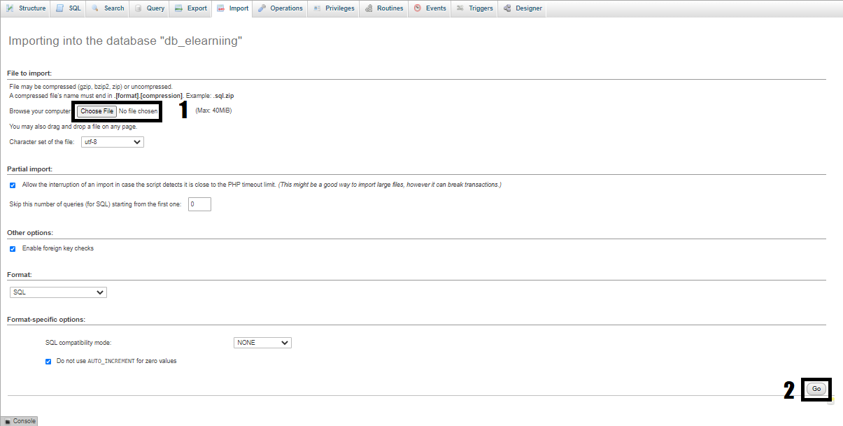 learning management system import sql file