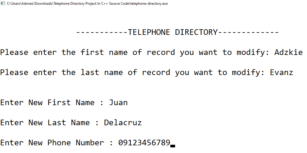 modify of Telephone Directory in C++ Project With Source Code