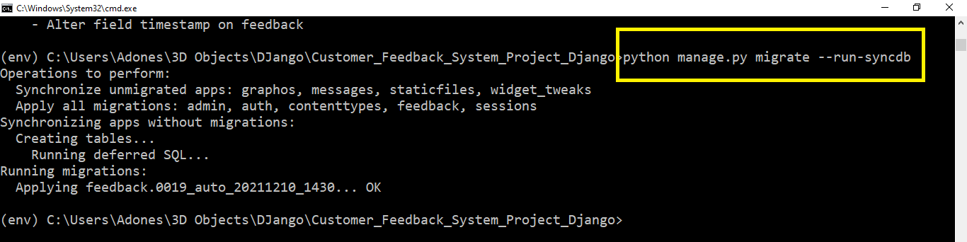 migrate in Customer Feedback Management System Project in Django with Source Code