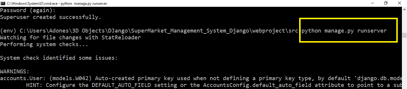 runserver in Supermarket Management System Project in Django with Source Code