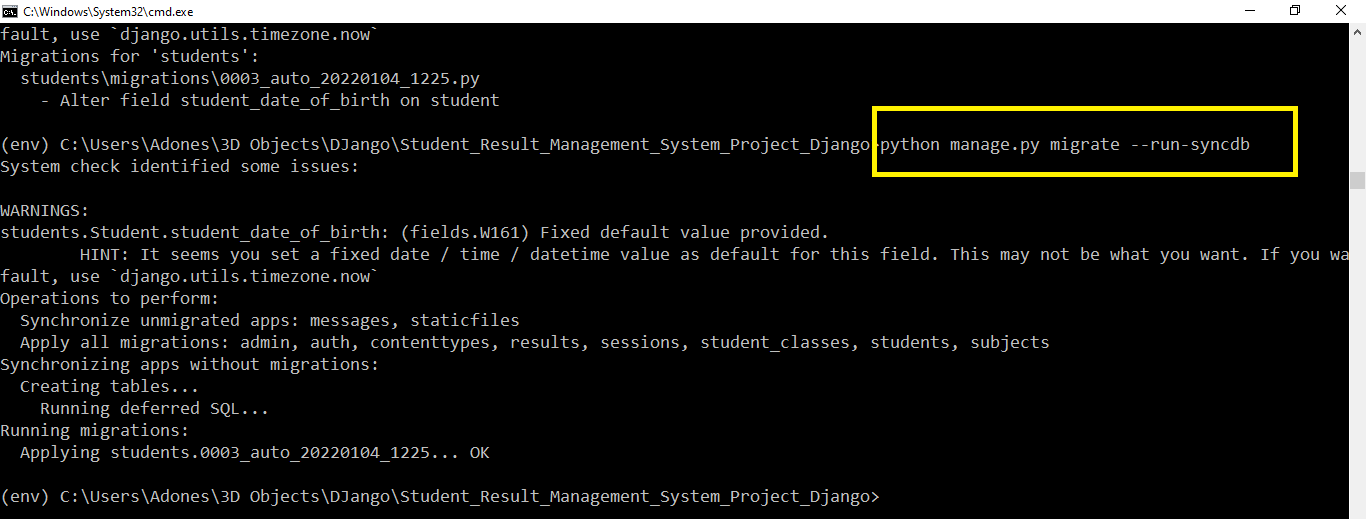 migrate in Student Result Management System Project in Django with Source Code