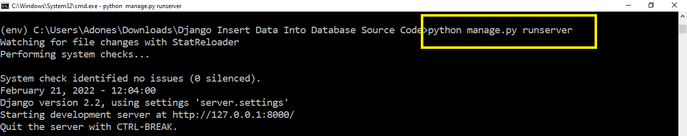 runserver for Django Insert Data Into Database With Source Code