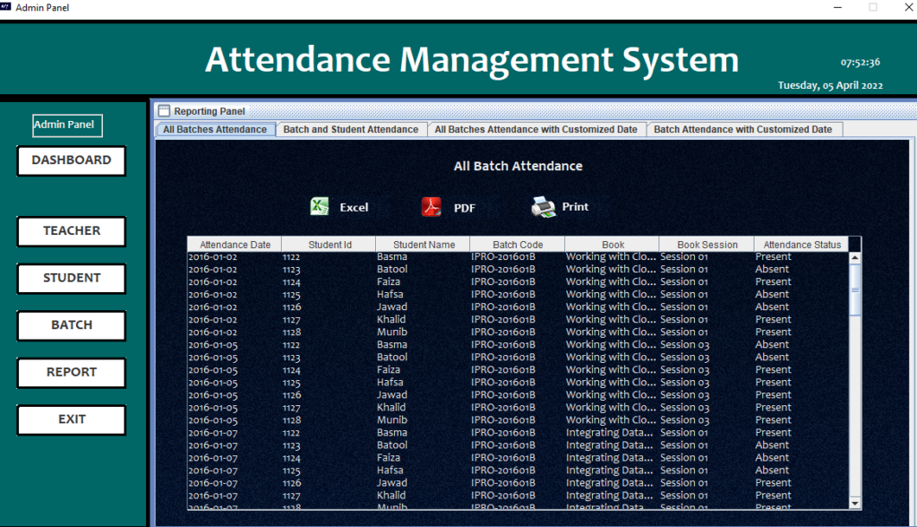 Attendance Management System Report Panel