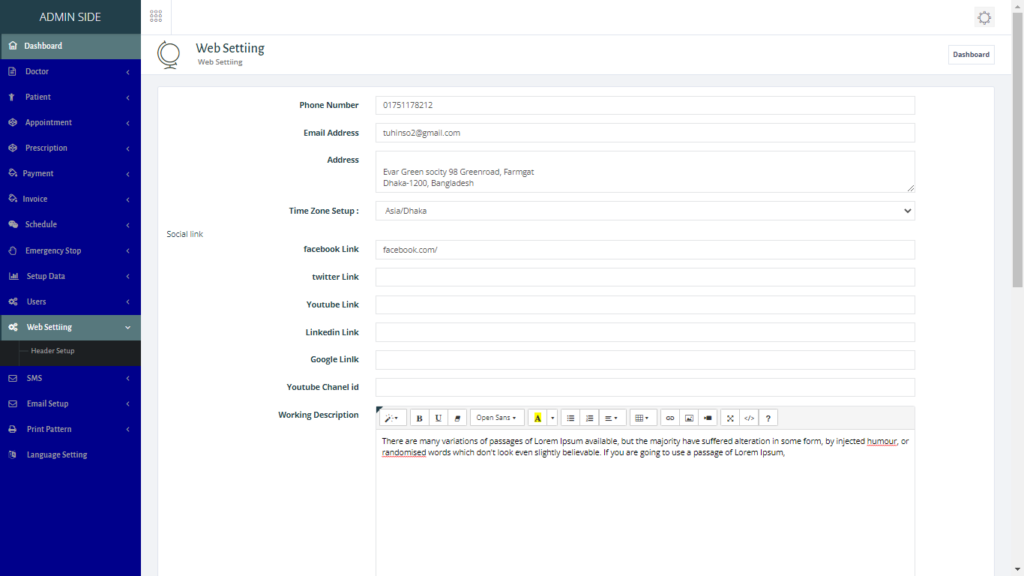 Clinic Management System Web Setting