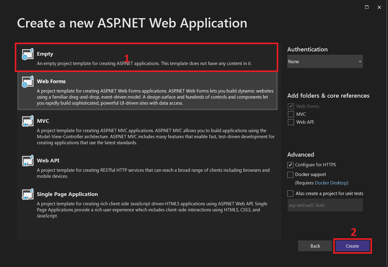 crud operations in asp.net empty project