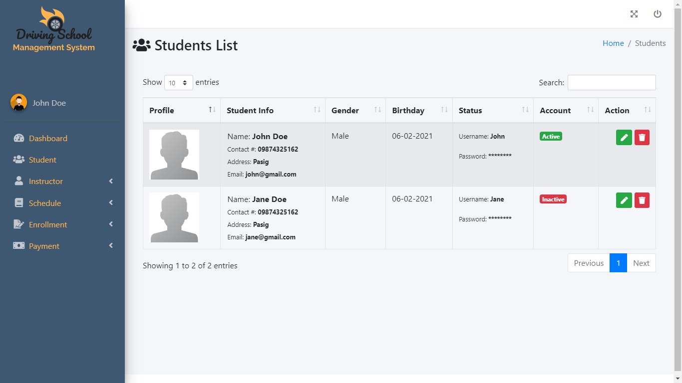 Driving School Management System templates student page